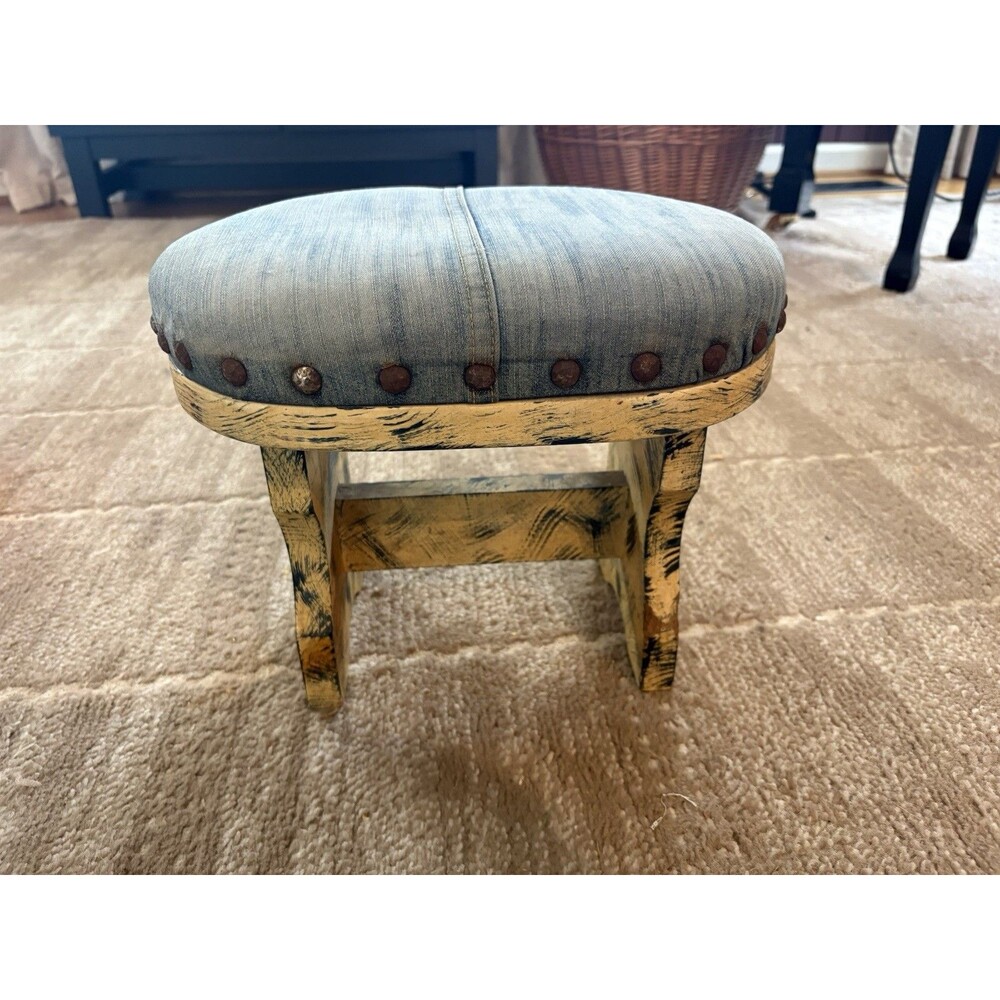 Rustic Distressed Wood Footstool Blue Denim Upholstered Nailhead Farmhouse 11"